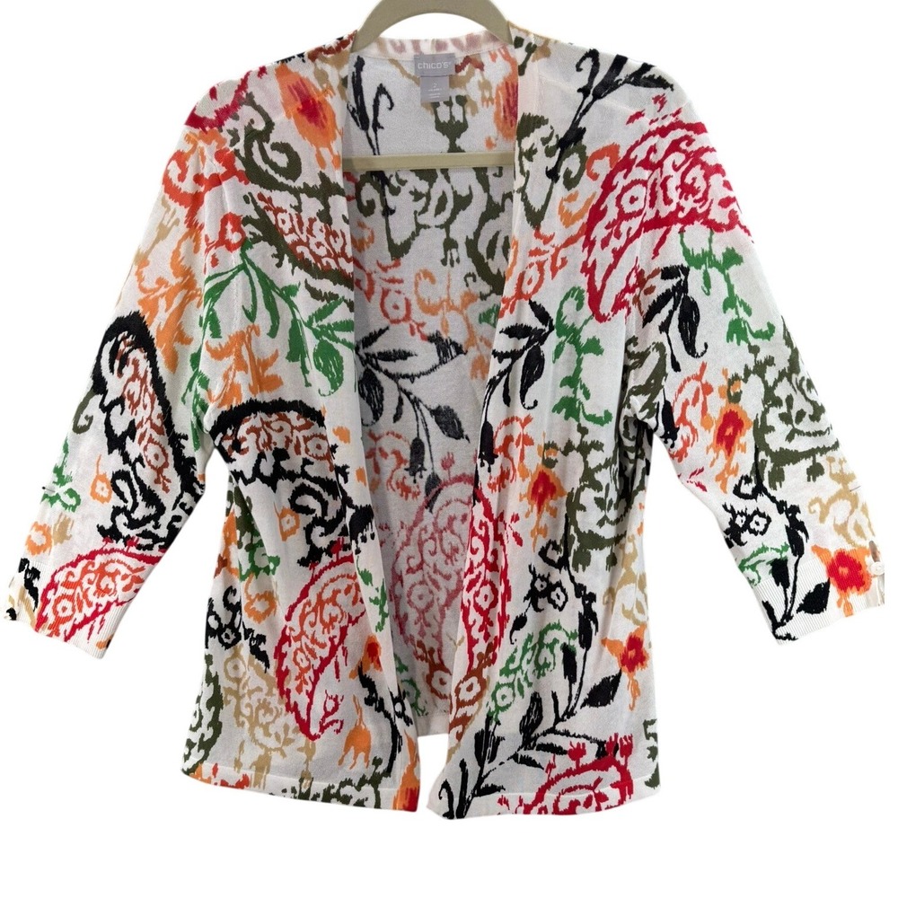 Chicos Cardigan Women Size 2 L Multicolor Paisley Floral Open Front 3/4 Sleeve